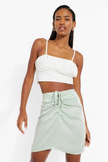 Green Drawstring Detail Satin Mini Skirt