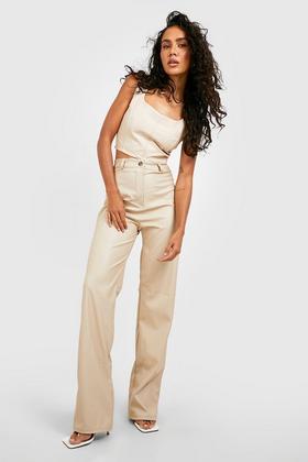 boohoo Plus Button High Waisted Wide Leg Pants - Beige - Size 22