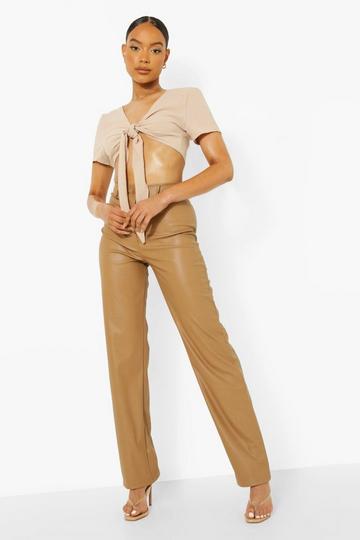 Tan Brown Wide Leg Leather Look Trousers