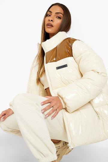 Cream White Colourblock High Shine Puffer
