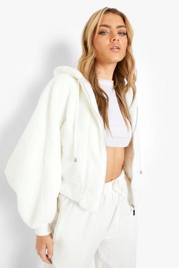 Cream White Faux Fur Oversized Hooded Bomber Jacket