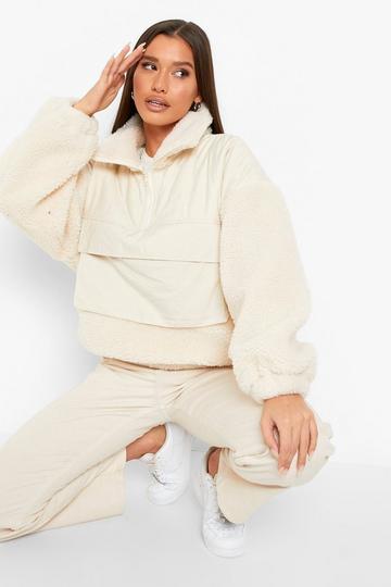 Cream White Quilted Faux Fur Panel Jacket