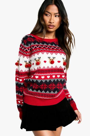 Red Pom Pom Reindeer Fairisle Christmas Jumper