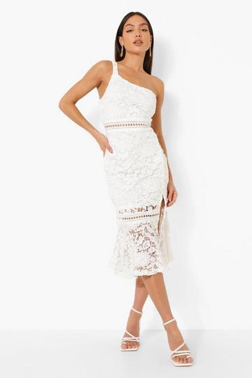 Lace One Shoulder Frill Hem Midi Dress white