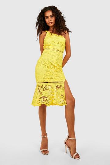 Lace One Shoulder Frill Hem Midi Dress yellow