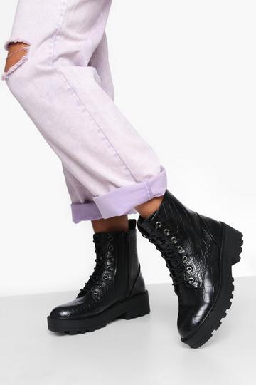 Chunky Lace Up Croc Hiker Boots black