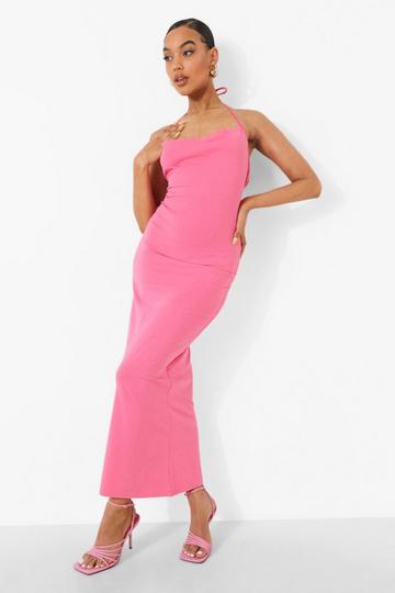 Pink Strappy Cowl Neck Tie Back Maxi Dress
