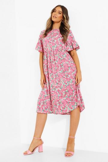 Pink Woven Floral Print Midi Smock Dress