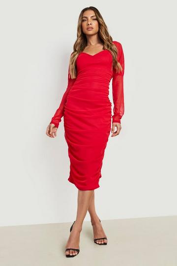 Red Mesh Square Neck Ruched Midi Dress