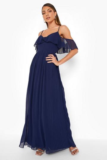 Navy Cold Shoulder Ruffle Maxi Bridesmaid Dress