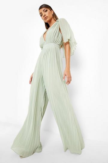 Green Pleated Cape Detail Bridesmaid Jumpsuit