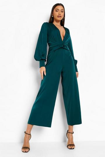 Emerald Green Satin Twist Front Culotte Jumpsuit