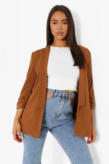 Ruched Sleeve Jersey Knit Tailored Blazer tan