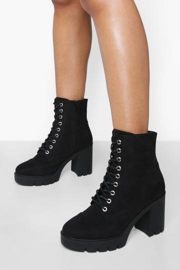 Black Wide Fit Block Heel Platform Hiker Boots