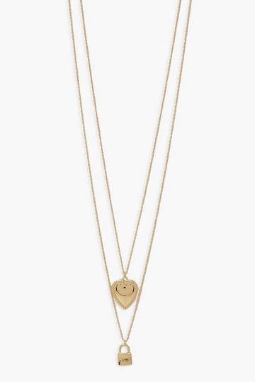 Padlock And Heart Layered Necklace gold