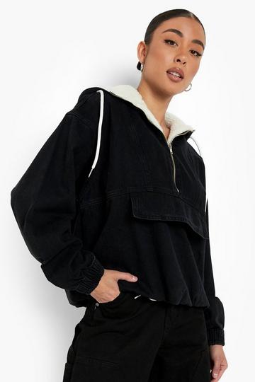 Teddy Lined Denim Pullover Jacket washed black