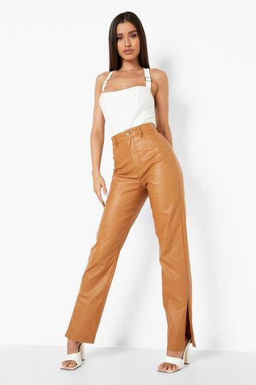 Brown Pu Coated Split Hem Straight Leg Jeans
