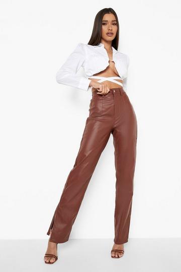 Brown Pu Coated Split Hem Straight Leg Jeans