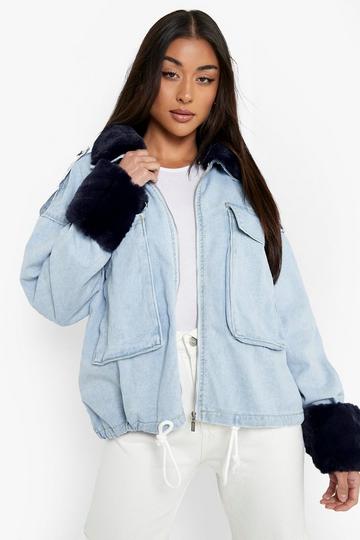 Blue Detachable Faux Fur Trim Denim Jacket