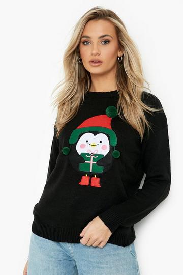 Black Pom Pom Penguin Christmas Jumper