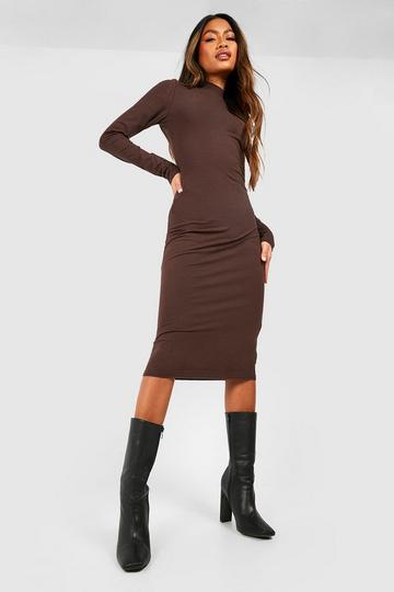 Brown High Neck Long Sleeve Midi Dress