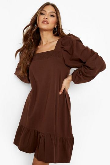 Brown Long Sleeve Puff Square Neck Smock Dress