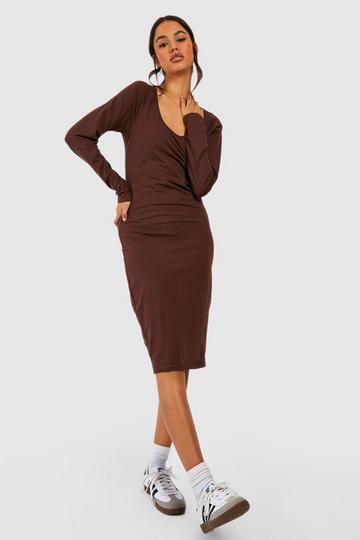 Brown Basics Long Sleeve Scoop Neck Midi Bodycon