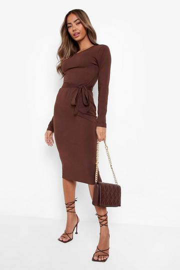 Brown Basic Long Sleeve Belted Midi Dress