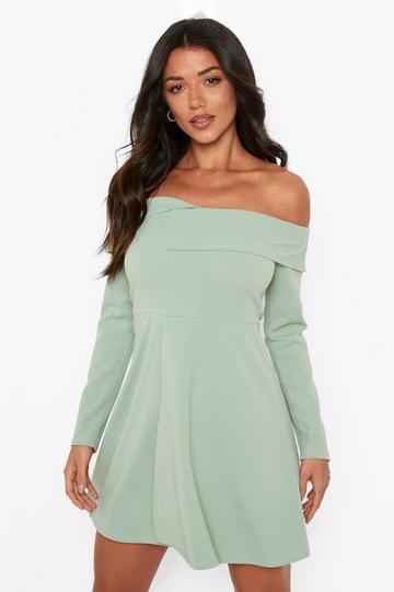 Green Off The Shoulder Skater Skirt Blazer Dress