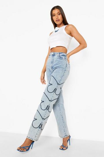 Butterfly Embroidered Detail Boyfriend Jeans ice blue
