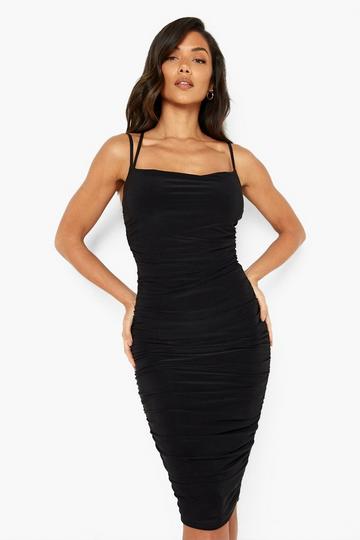 Double Slinky Strappy Ruched Midi Dress black