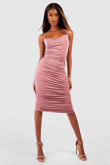 Double Slinky Strappy Ruched Midi Dress rose