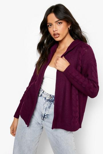 Hooded Cable Knit Cardigan purple