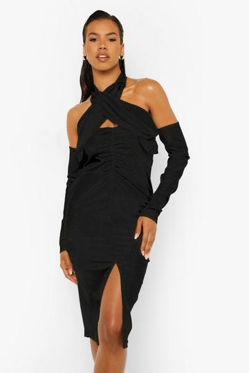 Black Satin Cut Out Halterneck Midi Dress