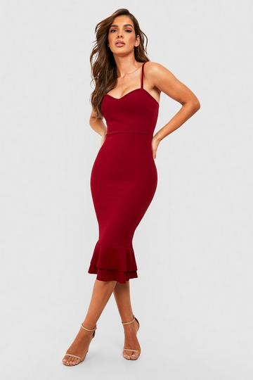 Burgundy Red Frill Hem Strappy Midi Dress