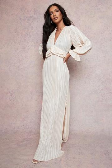 Champagne Beige Pleated Plunge Ruffle Detail Maxi Dress