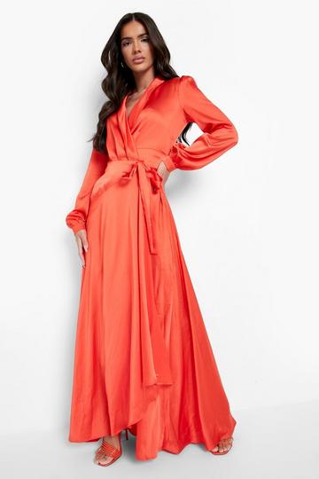 Red Satin Wrap Belted Maxi Dress