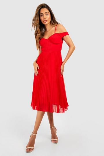 Red Pleated Cold Shoulder Midi Dress