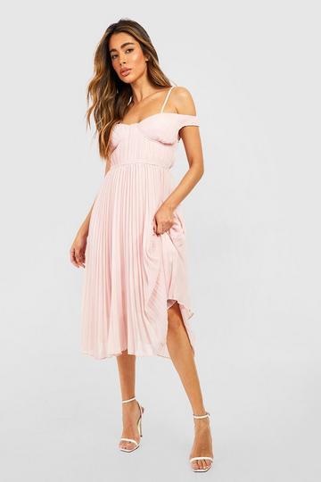 Pink Pleated Cold Shoulder Midi Dress