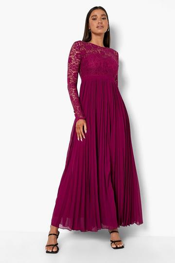 Lace Open Back Pleated Maxi Dress berry
