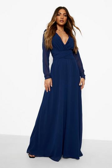 Navy Chiffon Long Sleeve Open Back Maxi Dress