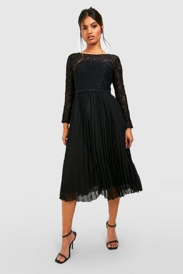 Lace Pleated Midi Dress black