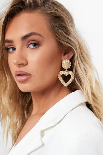 Gold Metallic Heart Shaped Textured Statement Earrings