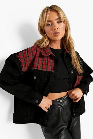 Brush Check Panel Oversized Denim Jacket washed black