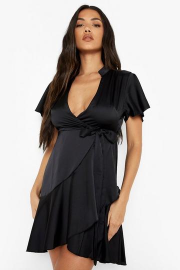 Black Satin Wrap Ruffle Skater Dress