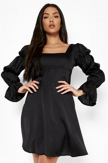 Black Satin Puff Sleeve Square Neck Skater Dress