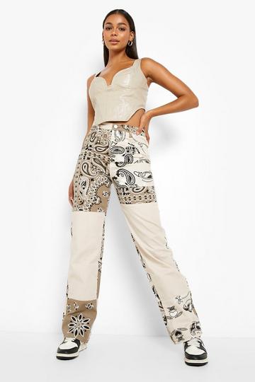 Beige Bandanna Patchwork Reconstructed Jeans