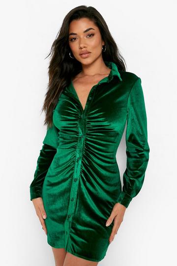 Green Velvet Ruched Detail Shirt Party Dress