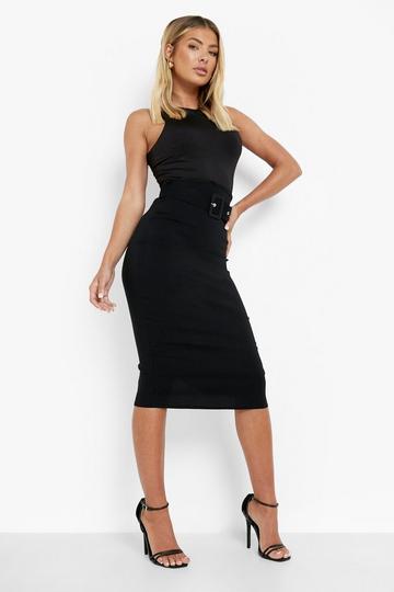 Belted Curved Waist Stretch Woven Midi Skirt black