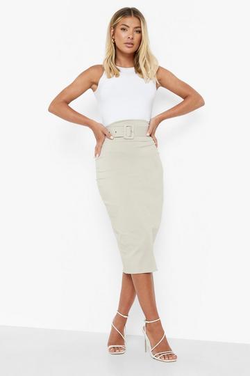 Belted Curved Waist Stretch Woven Midi Skirt sand